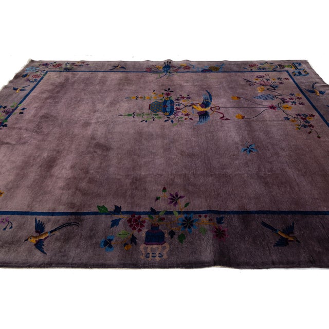 Antique Chinese Art Deco Rug Plum Purple Wool Floral & Bird Motif 9x12 For Sale In New York - Image 6 of 11