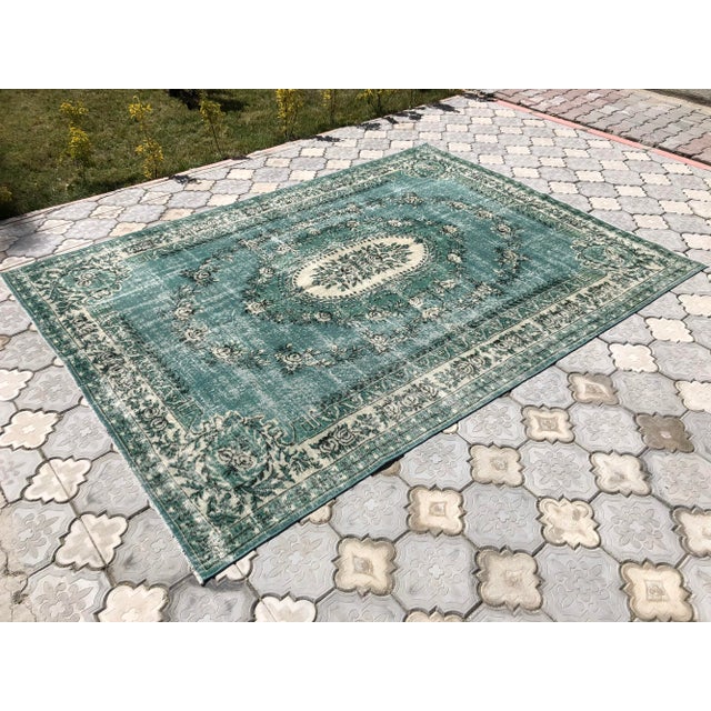 Turkish Vintage Turquoise Wool Rug For Sale - Image 3 of 9