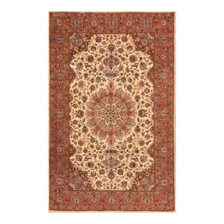 1940s Classic Beige Antique Medallion Tabriz Northwest Knotted Silk Carpet Rug For Sale
