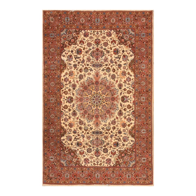 1940s Classic Beige Antique Medallion Tabriz Northwest Knotted Silk Carpet Rug For Sale