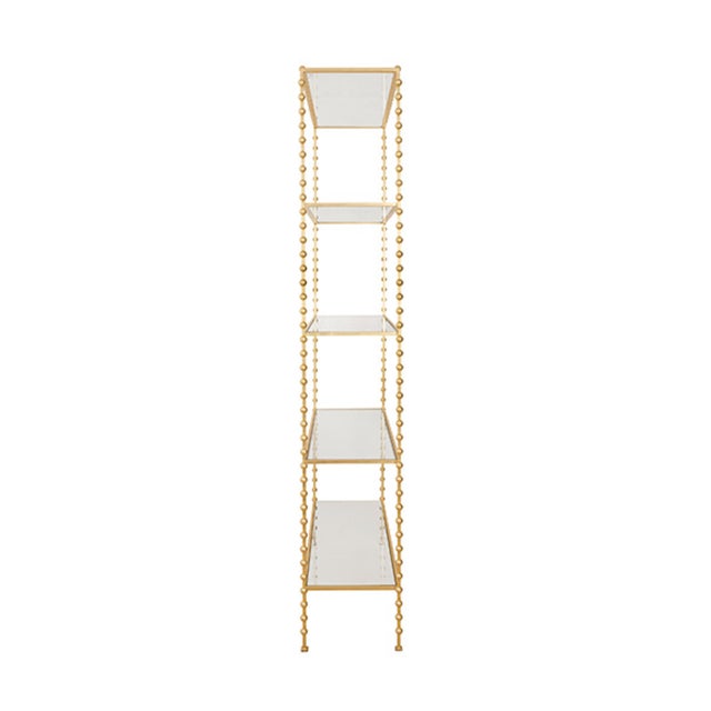 Worlds Away Matthew Izzo Home Goldie Ball Trimmed Gold Leaf Etagere With Five Clear Glass Open Shelves For Sale - Image 4 of 5