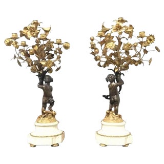 19th Century French Cast Bronze Putti Candelabras, Set of 2 For Sale