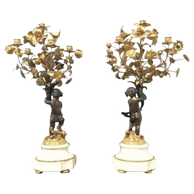 19th Century French Cast Bronze Putti Candelabras, Set of 2 For Sale