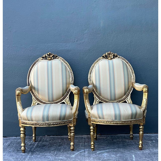 Vintage Gilt Medallion Fauteuil Chairs - A Pair For Sale - Image 10 of 12