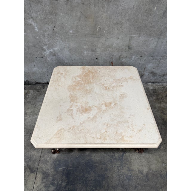 Attributed to Kreiss Magellan Square Travertine Coffee Table Wrought Iron Base For Sale In San Francisco - Image 6 of 8