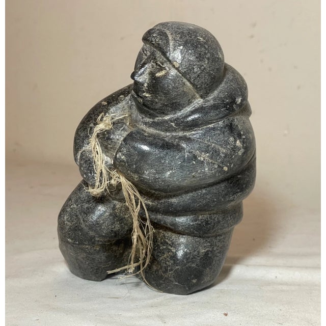 Black Antique Hand Carved Soapstone Canadian Figural Fisherman Eskimo Sculpture Inuit For Sale - Image 8 of 13