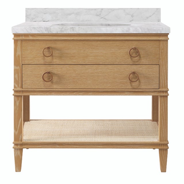 Matthew Izzo Home Cutler 36.5" Cerused Oak Single Porcelain Sink Bath Vanity With Cane Shelf, Marble Top, and Brass Hardware For Sale In New York - Image 6 of 6