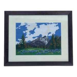 Vintage Mountain Sky Grand Teton National Park Needlepoint, Framed