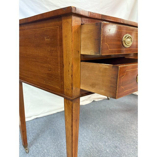Early 1900's James Shoolbred & Co. Sheraton Revival Inlaid Mahogany Writing Desk on Casters For Sale - Image 12 of 18