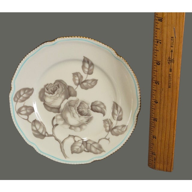 Mid-Century Modern Mid 20th Century Set of Four Dessert Plates Castleton Gloria Porcelain Taupe Roses Blue Band 22Kt Gold Trim For Sale - Image 3 of 6