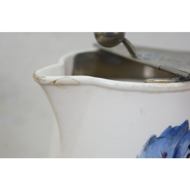 Antique Villeroy & Boch Porcelain Mettlach Metal Lidded Iris Flower Pitcher Jug 7" For Sale - Image 9 of 15