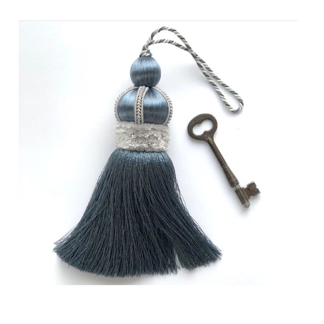 Pair of Smoky Blue Key Tassels With Satin & Cut Velvet Details For Sale - Image 4 of 13