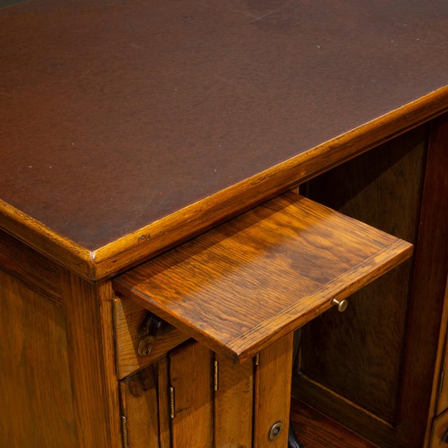Antique Industrial Oak Architect's Desk With Integrated Swing-Out Stool c.1920 For Sale - Image 12 of 17