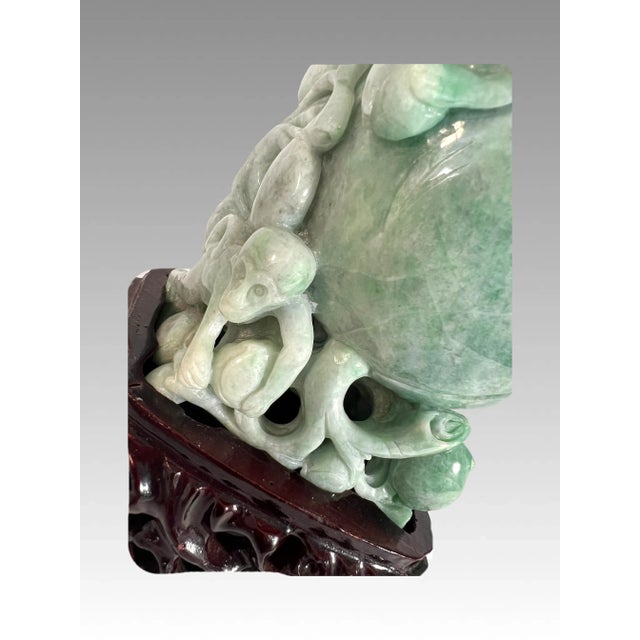Wood Jade Carving of Auspicious Peach With Playful Monkeys on Custom Stand, Chinese Natural Green For Sale - Image 7 of 11