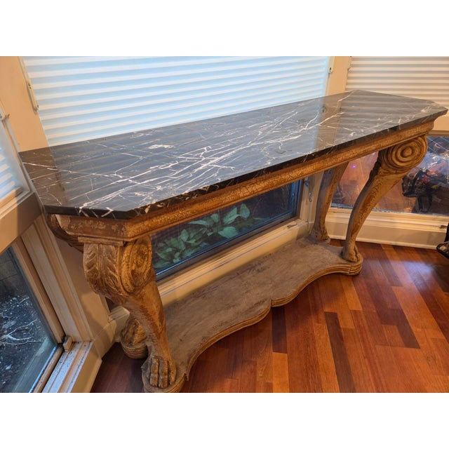 French Provincial Charlie Trotter's Restaurant Auction Provenance Neoclassical Carved Console With Inset Black Marble Top For Sale - Image 3 of 9