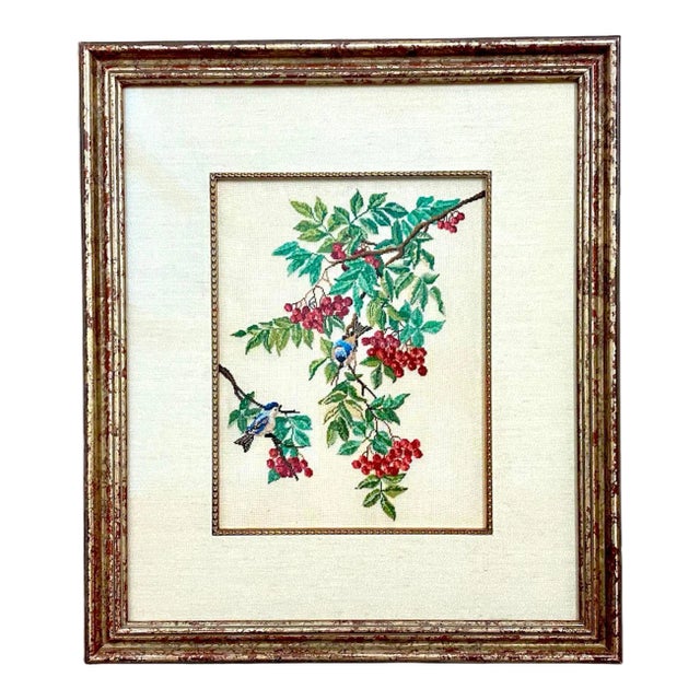 Custom Framed Needlepoint Embroidery of Botanical Red Berry Branches & Bluebirds, Circa Late 20th Century For Sale