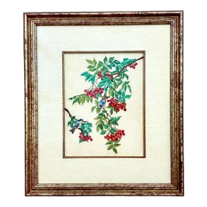 Custom Framed Needlepoint Embroidery of Botanical Red Berry Branches & Bluebirds, Circa Late 20th Century