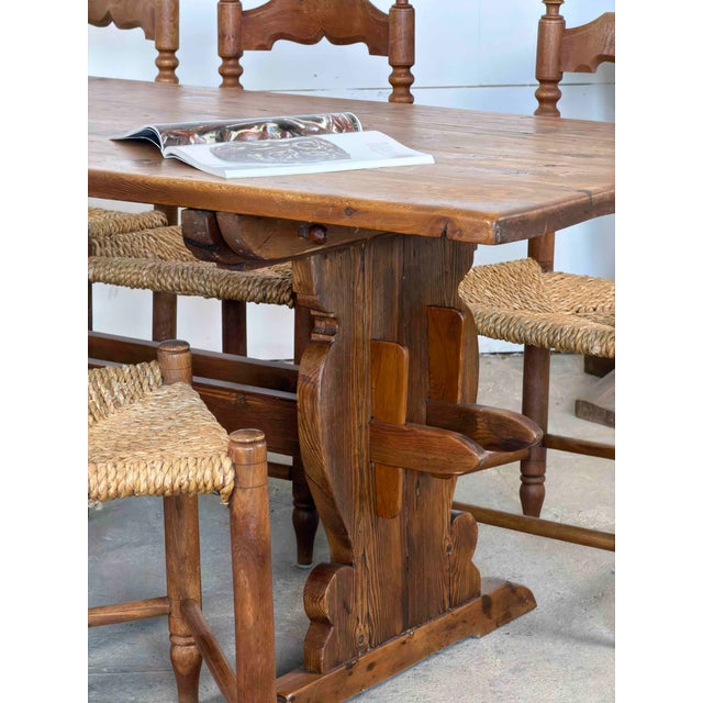 Mid-Century Scandinavian Modern Rustic Pine Trestle Dining Table, 1940s For Sale - Image 10 of 11