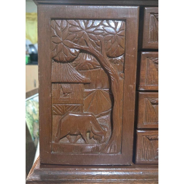 Vintage Hand-Carved Wooden Deep Relief Jewelry Cabinet Tropical Farming Motif For Sale In New York - Image 6 of 12