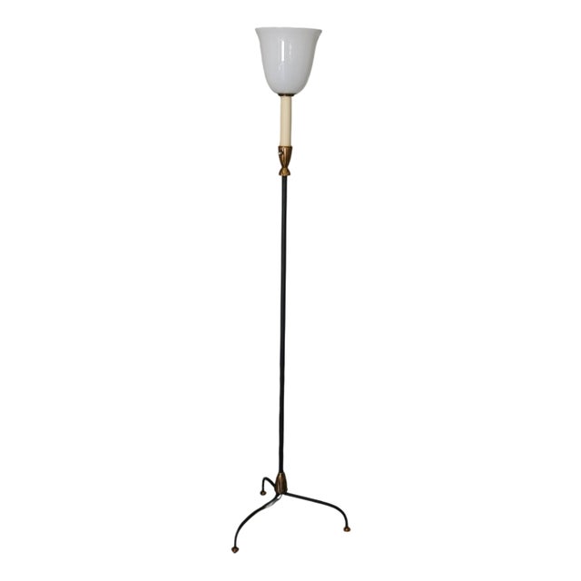 Large Vintage French Art Deco Floor Lamp in Metal and Opaline Glass, France, 1920 For Sale