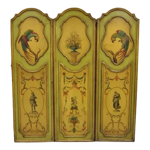 Antique French Louis XV Green Painted Parrot 3 Panel Venetian Room Screen (D)