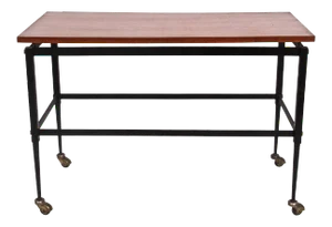 1960s Italian Modern Black Iron & Floating Teak Rolling Table