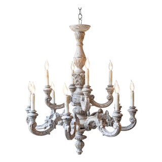 Mid 20th Century French Carved and Painted Wood Twelve-Light Chandelier For Sale