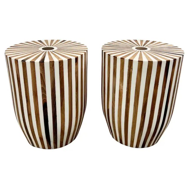 A pair of Art Deco Style Brown & White Cylindrical Walnut and Resin End Tables or Stools: This exquisite pair of Art Deco-...