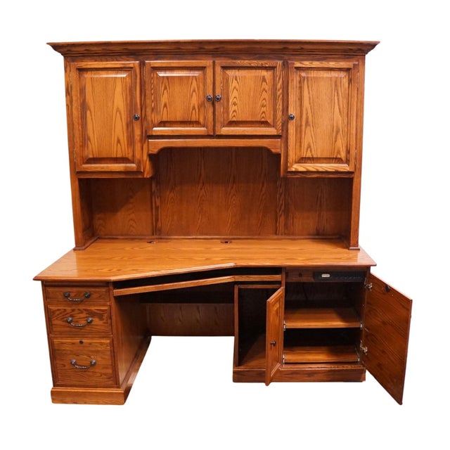 Winners Only Solid Oak Rustic Early American Country Style 74" Computer Desk W. Cabinet Storage Top For Sale - Image 10 of 18