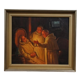 Antique Monks With Spirits Oil Painting on Canvas After Eduard Von Grutzner 29" For Sale