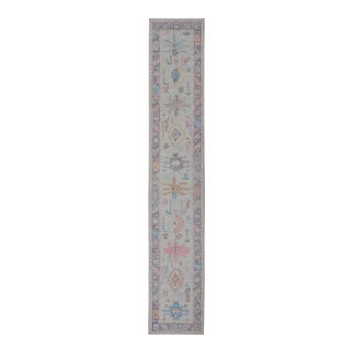 Hand-Knotted Modern Tribal Oushak Long Runner in Wool With Colorful Motifs For Sale