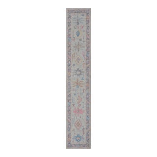 Hand-Knotted Modern Tribal Oushak Long Runner in Wool With Colorful Motifs For Sale