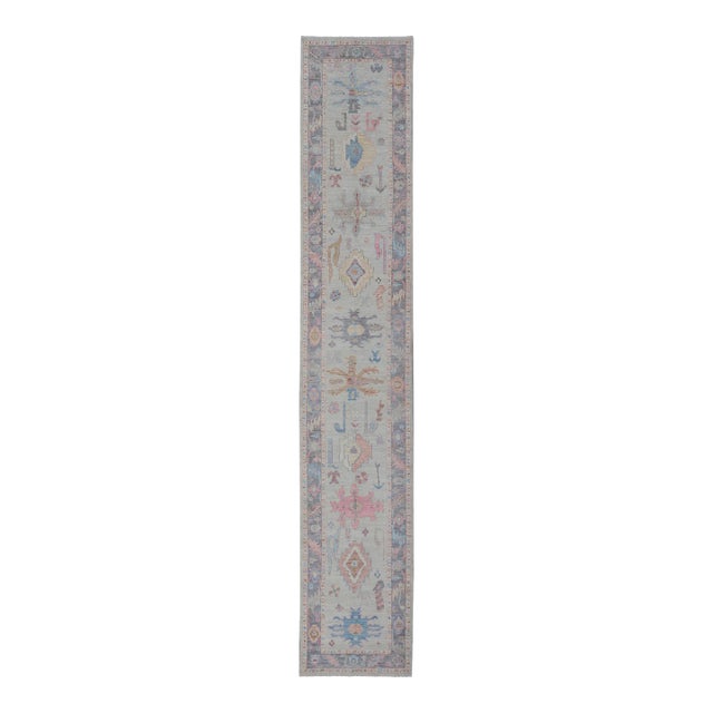 Hand-Knotted Modern Tribal Oushak Long Runner in Wool With Colorful Motifs For Sale