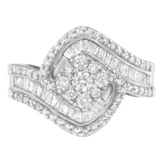 14K White Gold 1.0 Cttw Baguette & Brilliant-Cut Diamond Round Floral Cluster Engagement or Fashion Ring with Swirl Wrapped Triple Row Band Size 6.75 For Sale