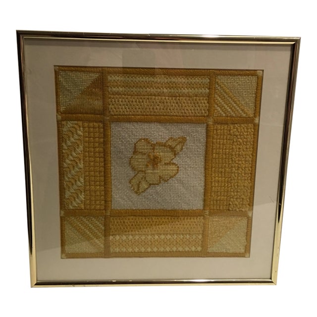Vintage Yellow Needlepoint Sampler, Framed For Sale