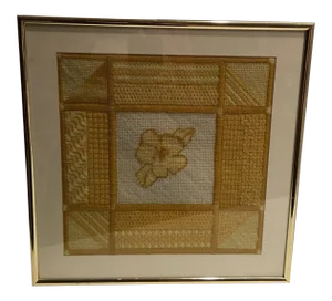 Vintage Yellow Needlepoint Sampler, Framed