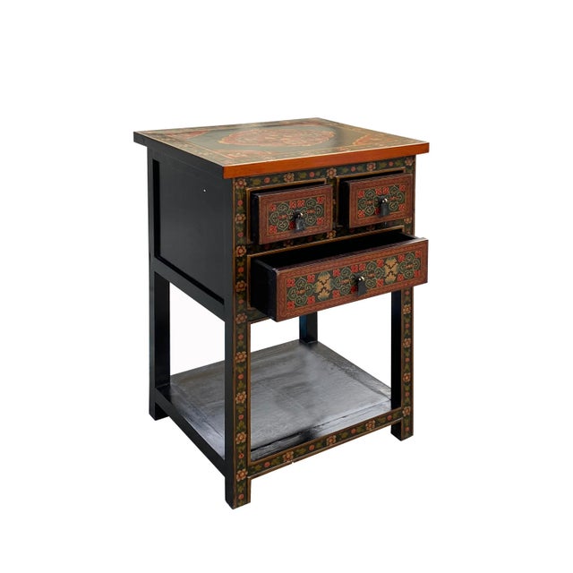 Chinese Red Black Tan Tibetan Floral End Side Table Nightstand Cabinet For Sale - Image 3 of 7