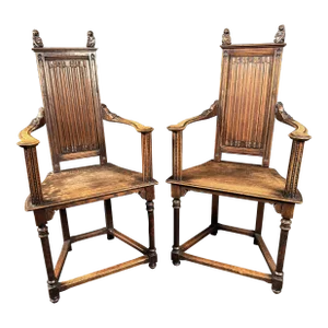 Late 19th Century Antique Oak High Back Gothic Armchairs - Set of 2
