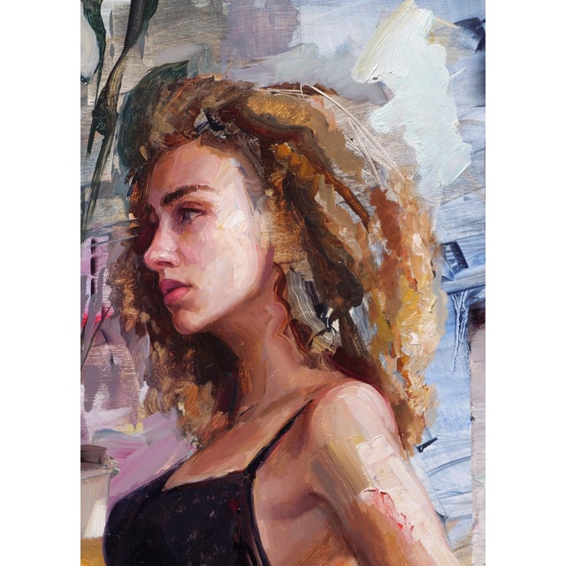Contemporary Room to Breathe by Matt Talbert | Oil on panel of a woman sitting in a modern living space. For Sale - Image 3 of 5