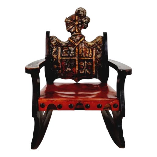 Antique Spanish Hand-Carved Wood Rocking Armchair, 1900s For Sale