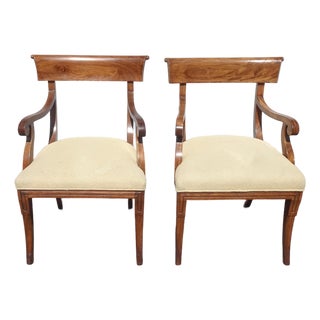 Pair of Vintage English French Country Elbow Scrolled Arm Chairs For Sale