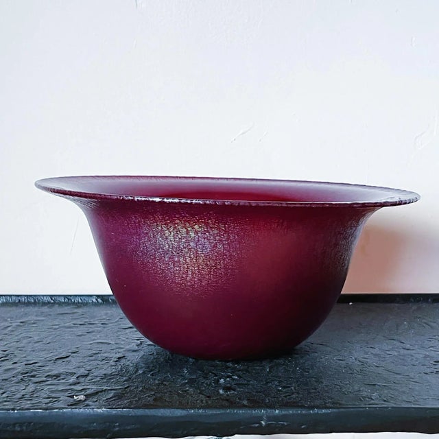 Late 20th Century Mouth Blown Iridescent Glass Bowl in Red with unique Crackle Finish, signed Chris Heilman 1979 Early...