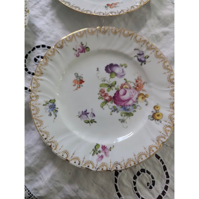 Art Deco Six Antique Meissen 6" Porcelain Plates With Hand Painted Garden Flowers & Gilt Highlights For Sale - Image 3 of 10