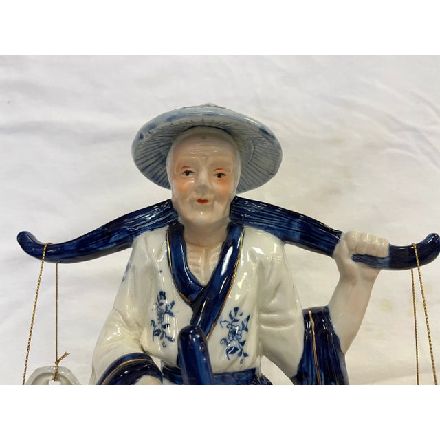 Vintage Blue and White Porcelain Asian Figurine Carrying Baskets For Sale - Image 9 of 13