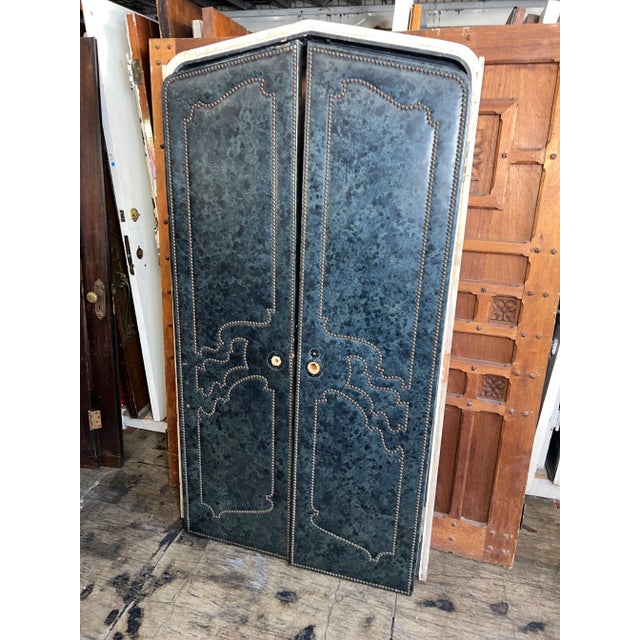 Upholstered Arched Leather Theatre Doors With Frame For Sale - Image 12 of 12