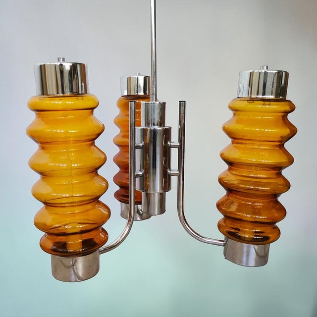 Metal Tall Mid-Century Modern Chandelier in Amber Brown Glass and Chrome, 1970s For Sale - Image 7 of 10