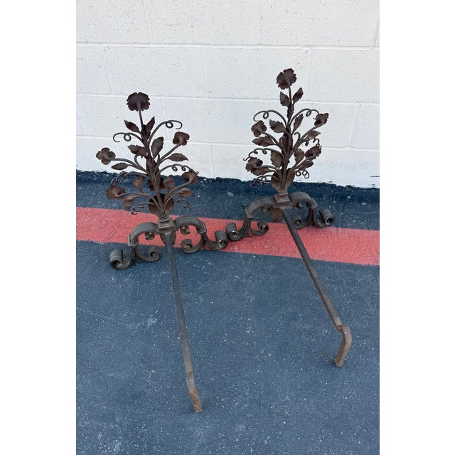 Pair of 19th Century Italian Wrought Iron Floral Andirons With Scroll Legs For Sale - Image 11 of 18