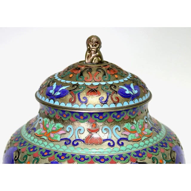 Antique Chinese Champleve Cloisonné Blue, Pink and Green Enamel Covered Urn With Gold Foo Lion Finial For Sale In Tampa - Image 6 of 9