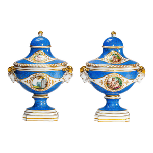 Pair of Hand Painted Antique Blue and Gold Porcelain Covered Urns