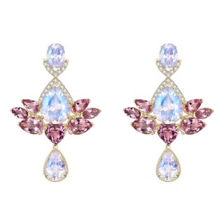 Nina Zhou 10.38ctw Aspire Lotus Moonstone Pink Tourmaline Diamond Drop Earring For Sale